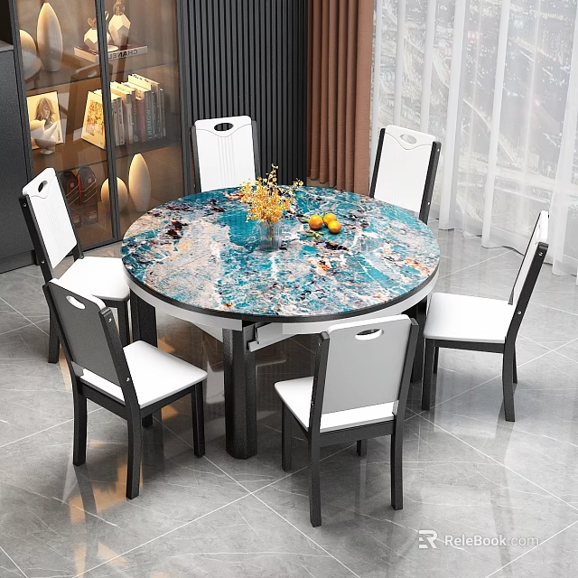 Elegant Round Dining Table Set With Marble Pattern Top And Six Black White Chairs 3d model