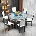 Elegant Round Dining Table Set With Marble Pattern Top And Six Black White Chairs 3d model