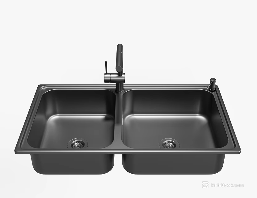 Black Double Bowl Kitchen Sink with Modern Faucet and Deep Basins 3d model 