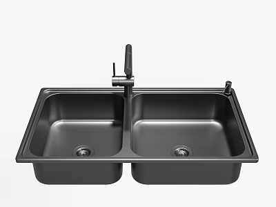 Black Double Bowl Kitchen Sink with Modern Faucet and Deep Basins 3d model