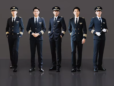 Men in Dark Pilot Uniforms Standing in a Row with Hats and Epaulets 3d model