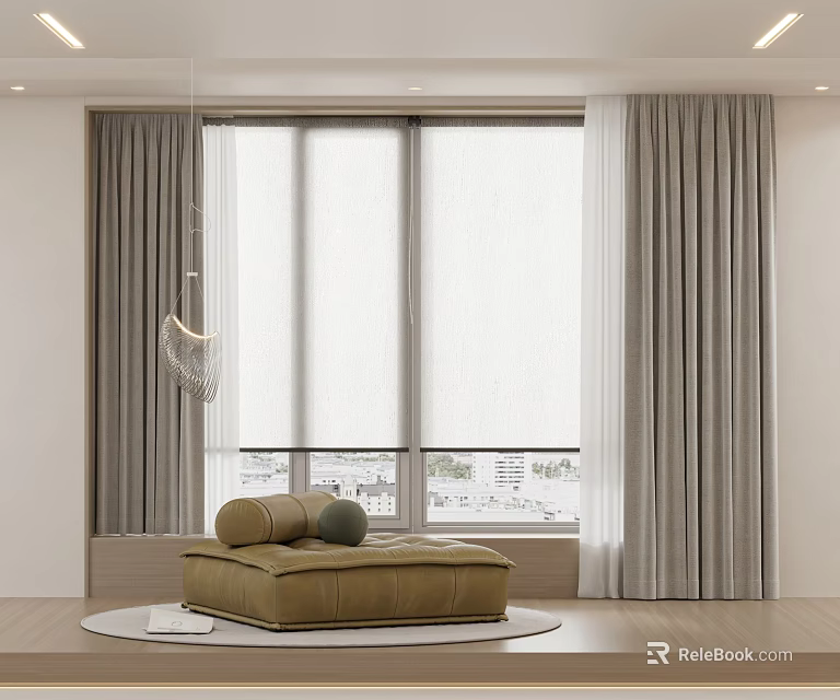 Modern Living Room Interior Featuring Beige Single-seater Sofa Light Gray Curtains Large Window And Pendant Light 3d model 