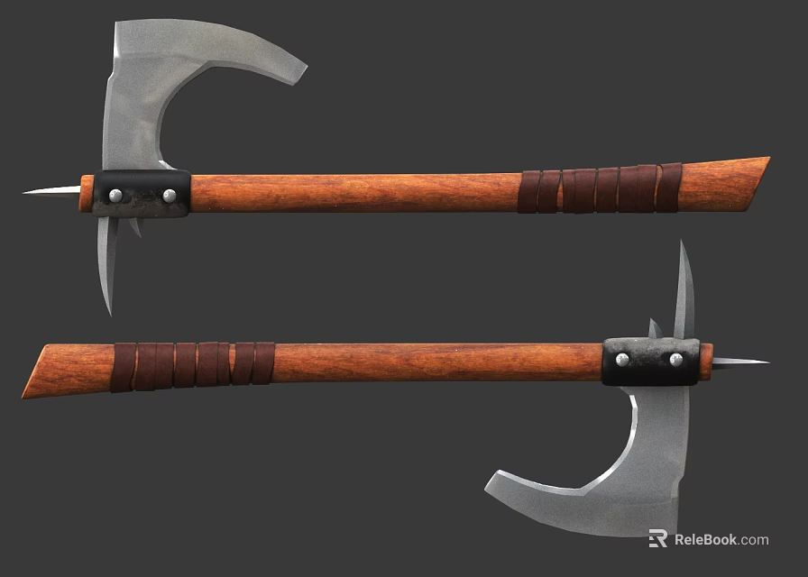 Two Battle Axes with Wooden Handles Metal Blades and Leather Wrapped Grips 3d model 