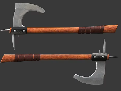 Two Battle Axes with Wooden Handles Metal Blades and Leather Wrapped Grips 3d model