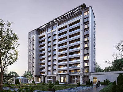Modern High Rise Residential Building With Large Windows And Landscaped Gardens 3d model