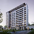 Modern High Rise Residential Building With Large Windows And Landscaped Gardens