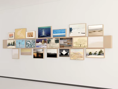 Modern Wall Photo Collage With Various Landscape Building Nature Photos And Different Sized Frames 3d model