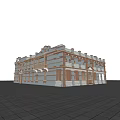 Two Story European Style Building With Arched Windows And Red Gray Bricks On Open Square