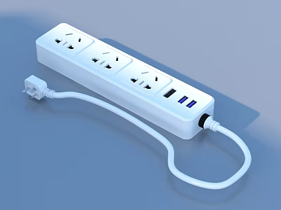 Practical White Household Power Strip With Multiple Outlets USB Ports And Power Cord 3d model