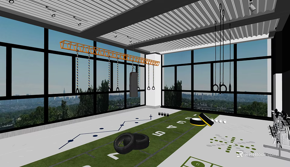 Modern Workout Space with Large Windows City View Hanging Rings Punching Bag Floor Training Gear 3d model 