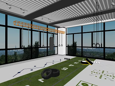 Modern Workout Space with Large Windows City View Hanging Rings Punching Bag Floor Training Gear 3d model
