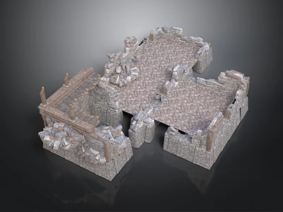 Ancient Stone Scene Construction With Stone Bridge Ruined Walls And Paved Ground 3d model