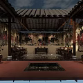 Traditional Chinese Religious Worship Hall With Wooden Structure Tiled Roof Red Carpet Calligraphy And Benches