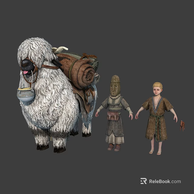 Giant White Furry Beast With Pack Scroll And Hooded Character Blonde Child In Simple Outfits 3d model 