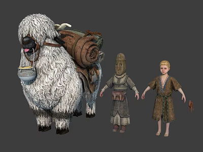Giant White Furry Beast With Pack Scroll And Hooded Character Blonde Child In Simple Outfits 3d model