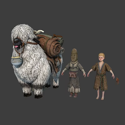 Giant White Furry Beast With Pack Scroll And Hooded Character Blonde Child In Simple Outfits 3d model