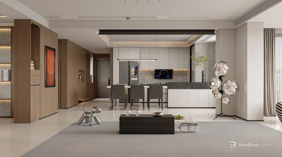 Modern Elegant Restaurant Interior With Dining Table Chairs And Pendant Light Decorations 3d model 