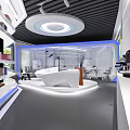 Modern Technological Exhibition Hall with Transparent Display Counter Digital Screens and Green Plant