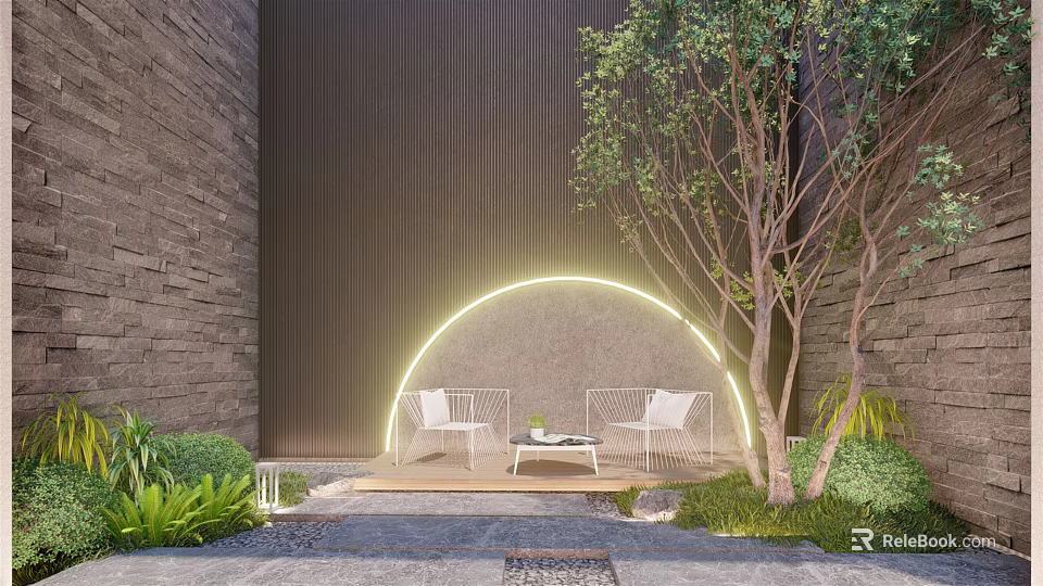 Outdoor Table Setup With White Chairs Near Arched Neon Light Wall Tree And Green Plants 3d model 