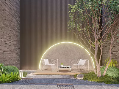 Outdoor Table Setup With White Chairs Near Arched Neon Light Wall Tree And Green Plants 3d model