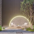 Outdoor Table Setup With White Chairs Near Arched Neon Light Wall Tree And Green Plants