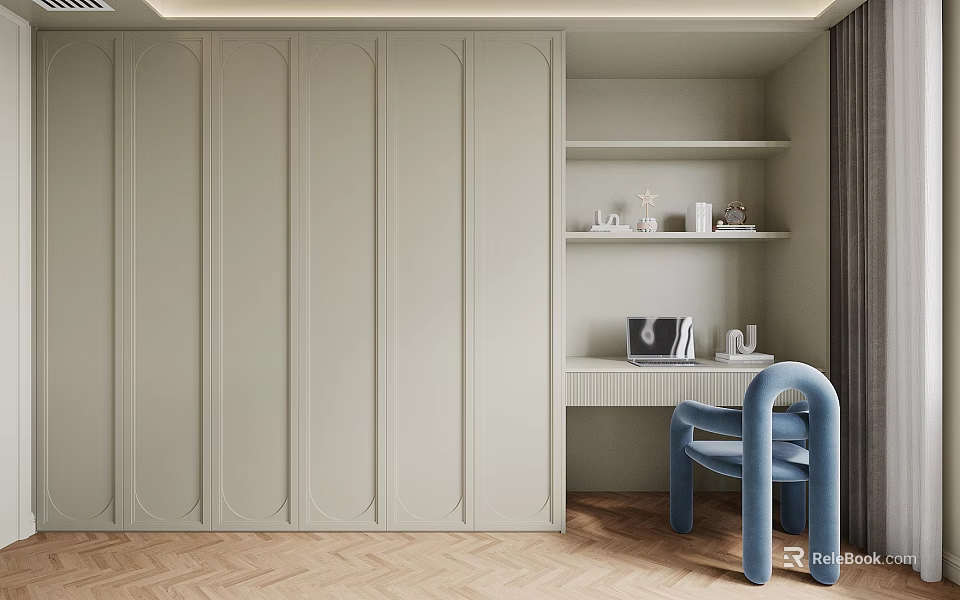 Elegant Modern Dressing Table Interior With Blue Chair White Shelf And Decorations 3d model