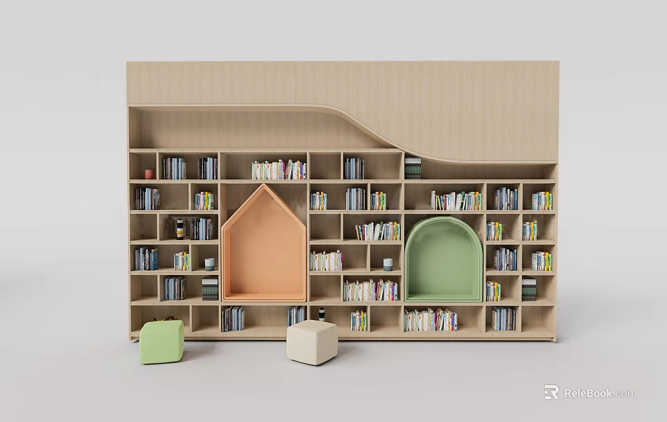 Modern Kids Bookshelf Design With Colorful House Shaped Arched Compartments And Books 3d model 
