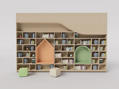 Modern Kids Bookshelf Design With Colorful House Shaped Arched Compartments And Books 3d model