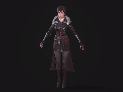 Fantasy Female Warrior Character In Armored Outfit With Fur Trimmed Coat Leather Boots And Gloves 3d model