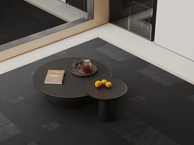 Modern Black Round Coffee Table With Oranges Magazine And Tray On Carpet 3d model