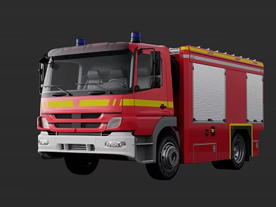 Red Functional Fire Truck with Blue Emergency Lights Yellow Stripes and White Roller Doors 3d model
