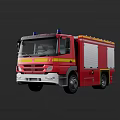 Red Functional Fire Truck with Blue Emergency Lights Yellow Stripes and White Roller Doors