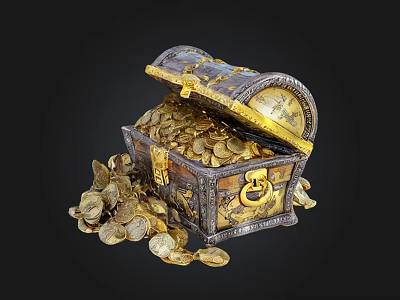 Open Vintage Treasure Chest Filled With Gold Coins And Scattered Around 3d model