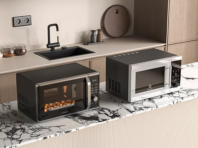Modern Kitchen Interior With Two Microwaves On Marble Countertop 3d model