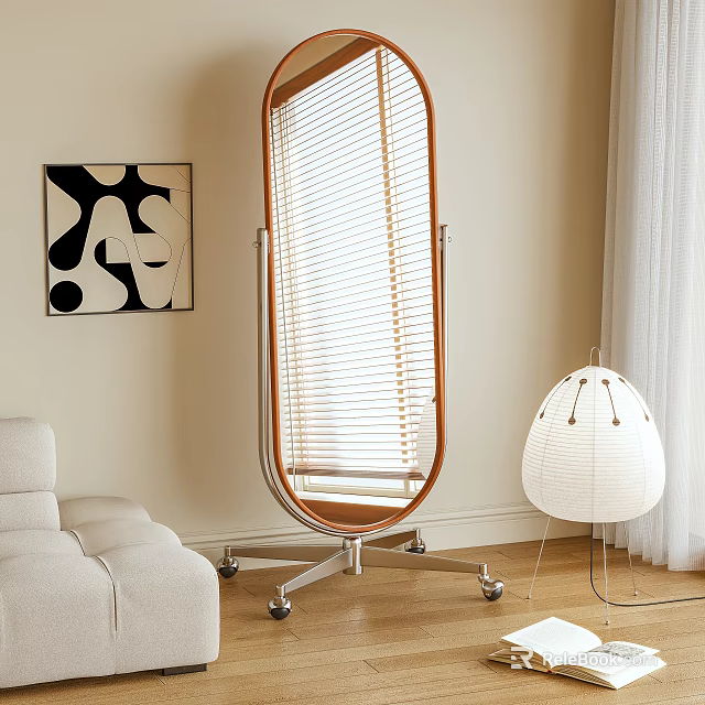 Oval Wooden Frame Mirror With Metal Stand And Wheels In Modern Living Room Interior 3d model 
