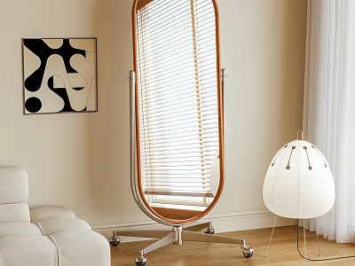 Oval Wooden Frame Mirror With Metal Stand And Wheels In Modern Living Room Interior 3d model