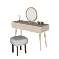 Light Beige Dressing Table With Scalloped Tabletop Round Mirror And Matching Stool 3d model