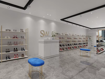 Luxury Shoe Store Interior With Shelves Displaying Shoes Blue Stools And White Desk 3d model