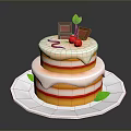Two Layer Cake with White Cream Red Cherries Chocolate Pieces Green Leaves on White Plate