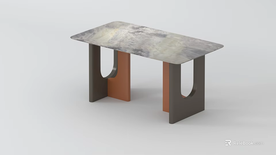 Modern Dining Table With Grey White Veined Surface And Two Tone U Shaped Legs 3d model 
