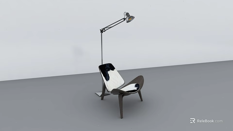 Modern Accent Chair With Wooden Frame Black White Cushion And Floor Lamp 3d model 