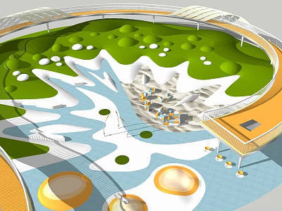 Outdoor Children's Playground Equipment With Green Lawn Water Elements Circular Hills And Orange Structures 3d model
