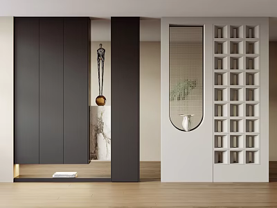 Modern Black And White Room Divider With Grid Design Circular Decor And Wooden Flooring 3d model