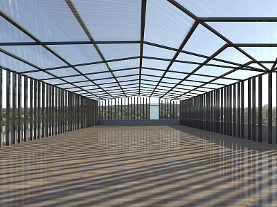 Villa Balcony With Glass Roof Wooden Floor Glass Walls And Trees Outside For Natural Light 3d model
