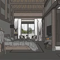 Chinese Style Hotel Room With Wooden Ceiling Large Bed And Natural Light Windows