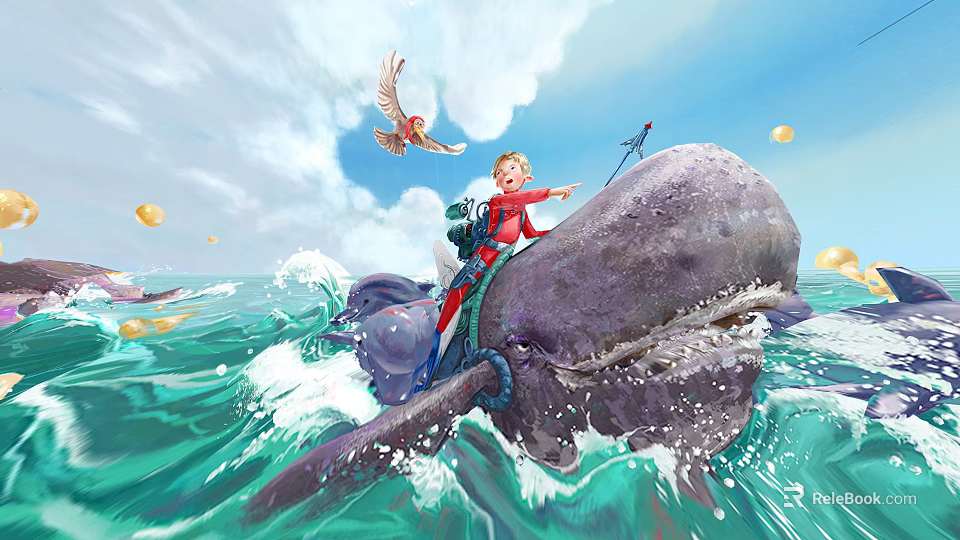 Cartoon Scene Child Riding Giant Whale In Ocean With Waves Flying Bird And Golden Coins 3d model 