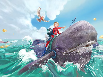 Cartoon Scene Child Riding Giant Whale In Ocean With Waves Flying Bird And Golden Coins 3d model