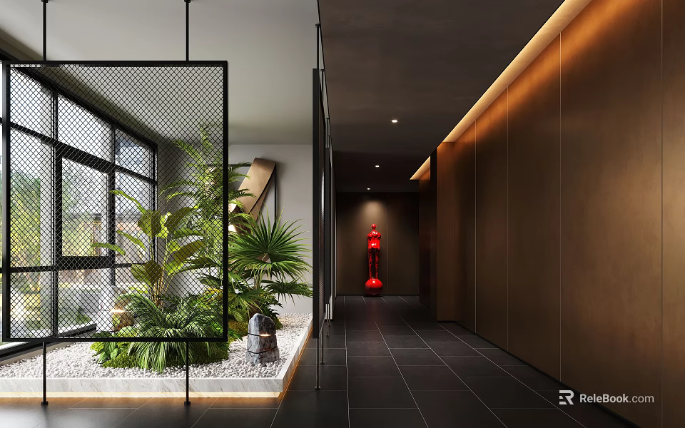 Contemporary Elevator Corridor With Green Plants And Ambient Lighting 3d model 