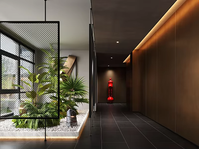 Contemporary Elevator Corridor With Green Plants And Ambient Lighting 3d model