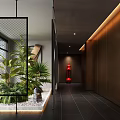 Contemporary Elevator Corridor With Green Plants And Ambient Lighting